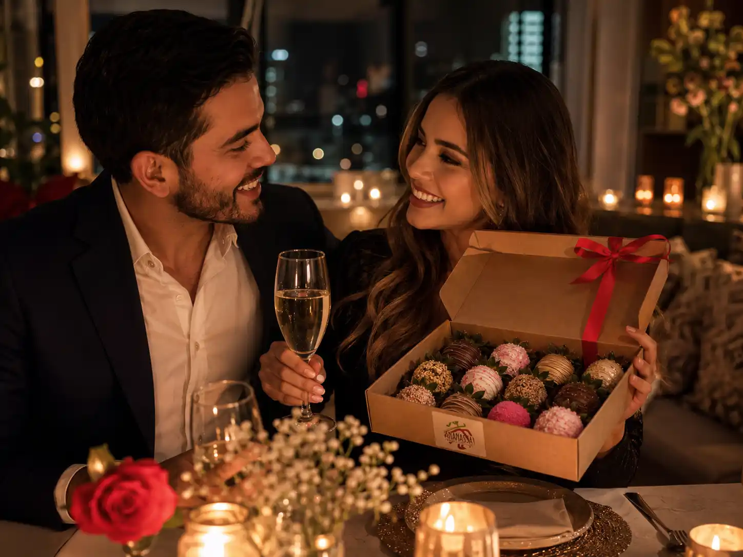 Pareja de 30 años feliz celebrando un aniversario con una caja de fresas con chocolate premium de Ananassa