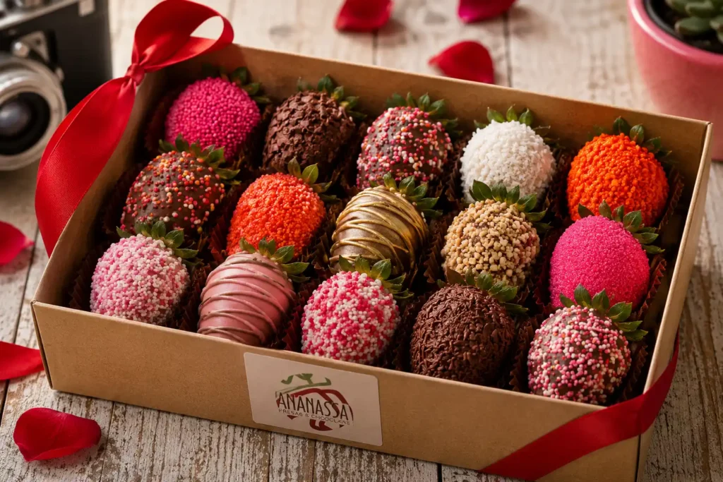 Caja kraft de regalo con fresas cubiertas de chocolate premium para aniversario, diseño de producto Ananassa